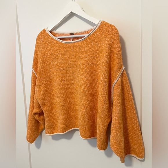 Free People Bardot Cropped Orange Textured Knit Boat Neck Long Sleeve Sweater XS - Picture 5 of 10